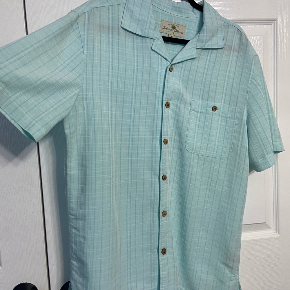 Island Shores Aqua Button Down Shirt M Beach Coastal Short Sleeve